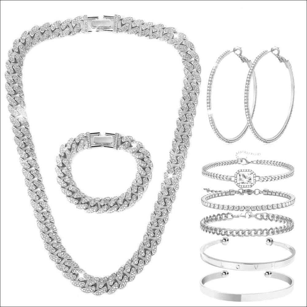 Cuban Link Jewelry Set with Rhinestone Necklace Bracelet Earrings